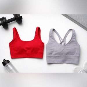 2 pc Set Ribbed Seamless Sports Bra Tank Top Red Purple Cross Back Workout Yoga